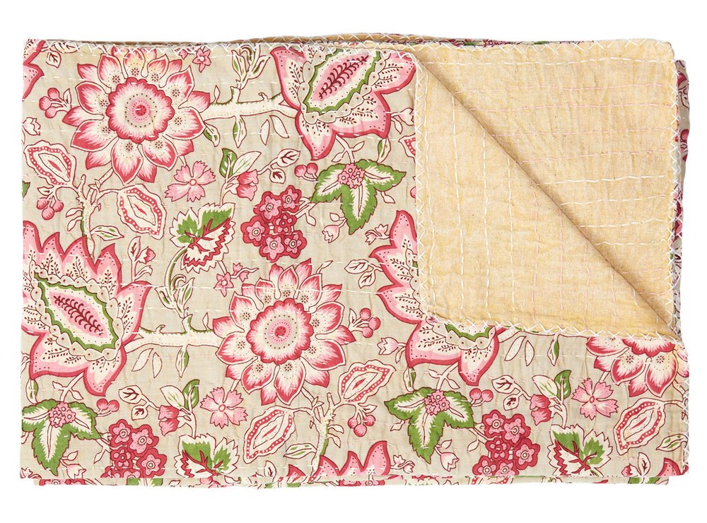 50" X 70" Pink And Blush Floral Cotton Quilted Kantha Throw Blanket with Embroidery