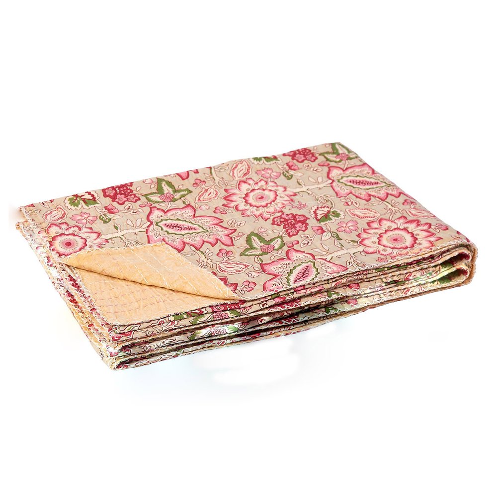 50" X 70" Pink And Blush Floral Cotton Quilted Kantha Throw Blanket with Embroidery