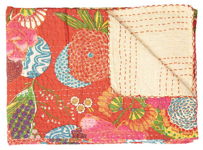 50" X 70" Blue Green And Red Floral Cotton Quilted Kantha Throw Blanket with Embroidery