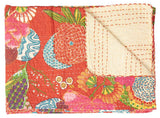 50" X 70" Blue Green And Red Floral Cotton Quilted Kantha Throw Blanket with Embroidery