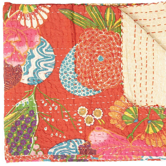 50" X 70" Blue Green And Red Floral Cotton Quilted Kantha Throw Blanket with Embroidery