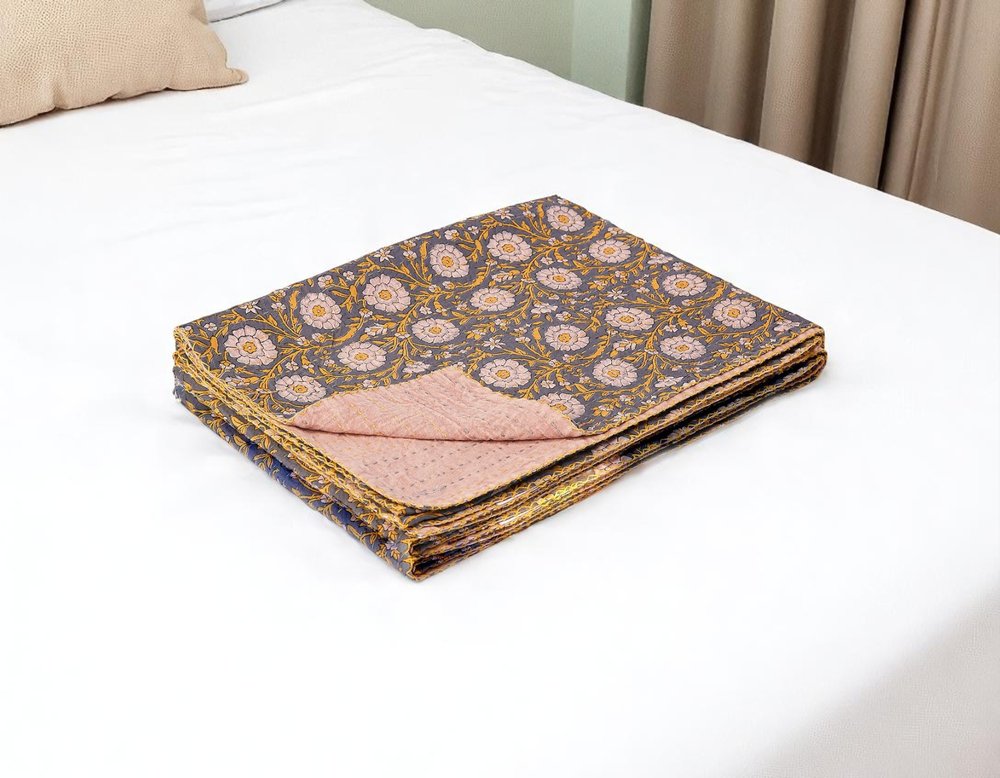 50" X 70" Brown And Red Floral Cotton Quilted Kantha Throw Blanket with Embroidery
