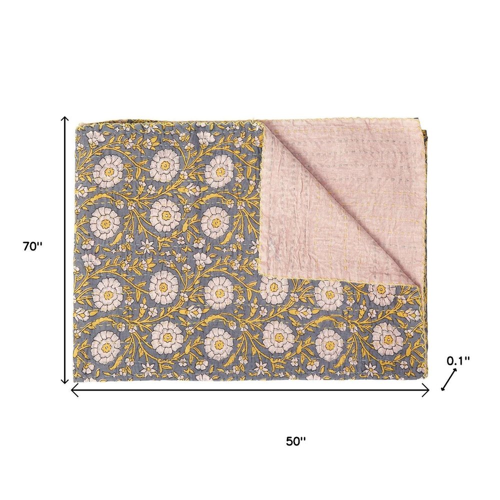 50" X 70" Brown And Red Floral Cotton Quilted Kantha Throw Blanket with Embroidery