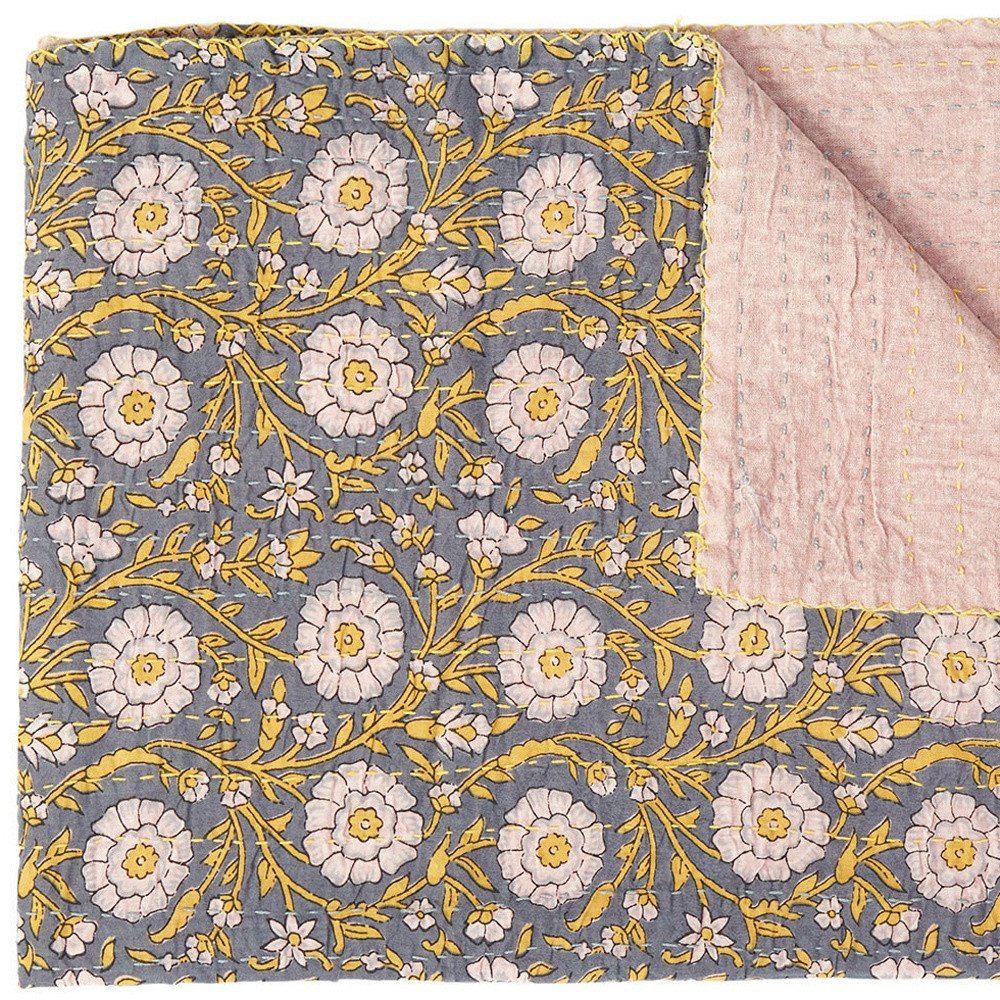 50" X 70" Brown And Red Floral Cotton Quilted Kantha Throw Blanket with Embroidery