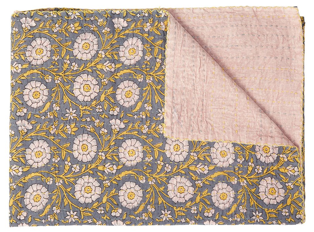 50" X 70" Brown And Red Floral Cotton Quilted Kantha Throw Blanket with Embroidery
