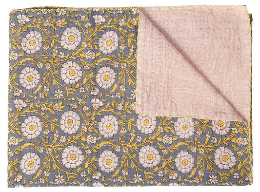 50" X 70" Gray And Yellow Floral Cotton Quilted Kantha Throw Blanket with Embroidery