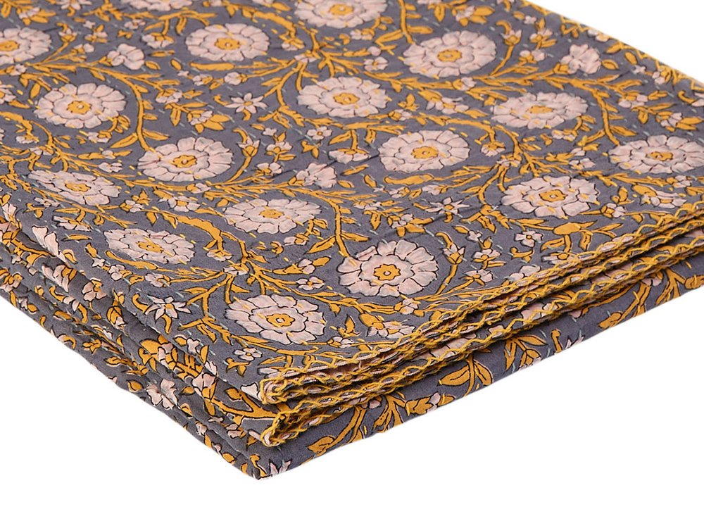 50" X 70" Brown And Red Floral Cotton Quilted Kantha Throw Blanket with Embroidery