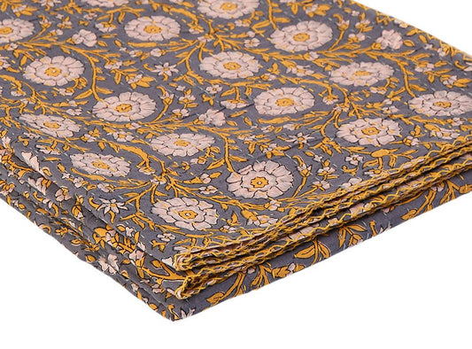 50" X 70" Gray And Yellow Floral Cotton Quilted Kantha Throw Blanket with Embroidery