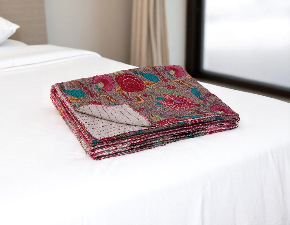 50" X 70" Gray And Yellow Floral Cotton Quilted Kantha Throw Blanket with Embroidery