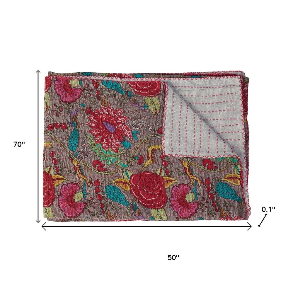 50" X 70" Brown And Red Floral Cotton Quilted Kantha Throw Blanket with Embroidery