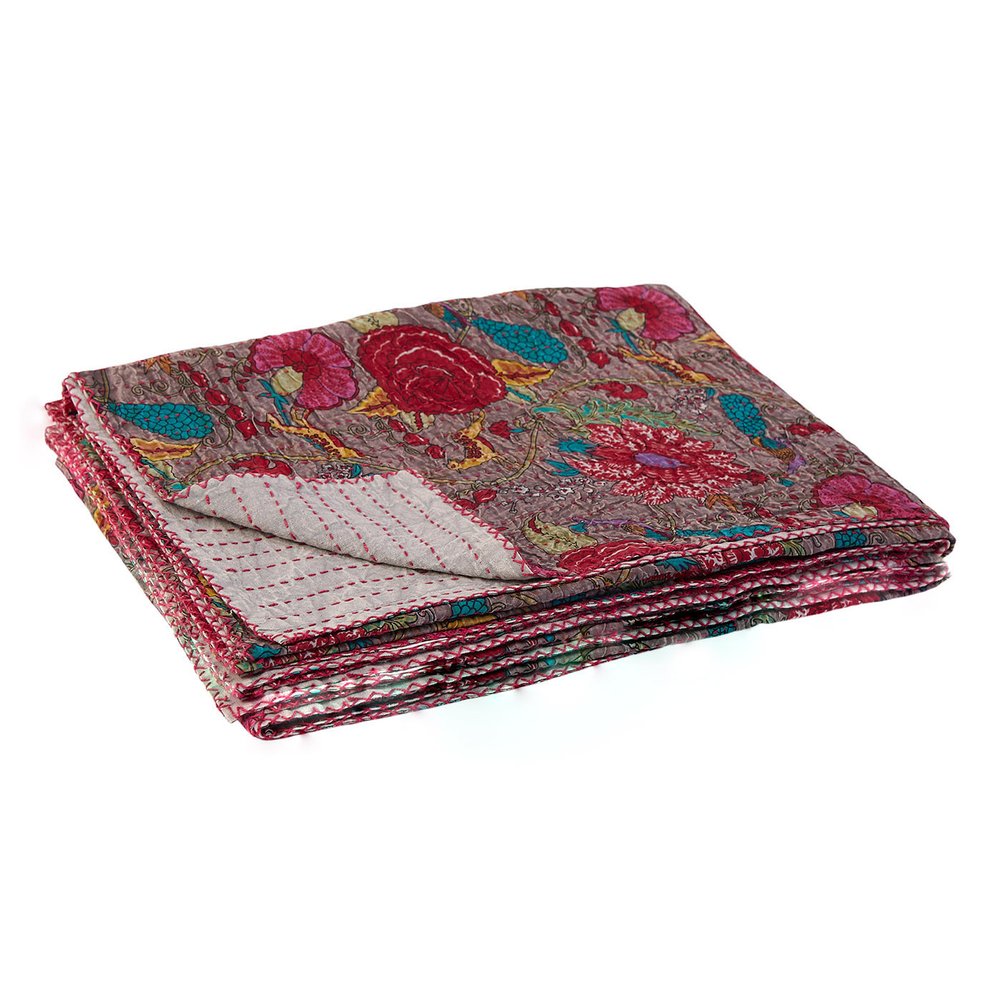 50" X 70" Gray And Yellow Floral Cotton Quilted Kantha Throw Blanket with Embroidery