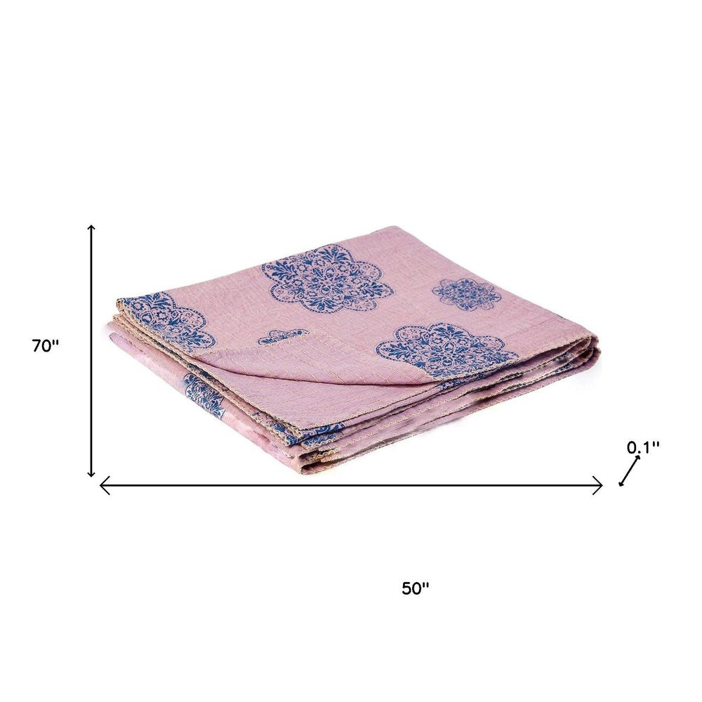 50" X 70" Blue And Pink Floral Cotton Quilted Kantha Throw Blanket with Embroidery
