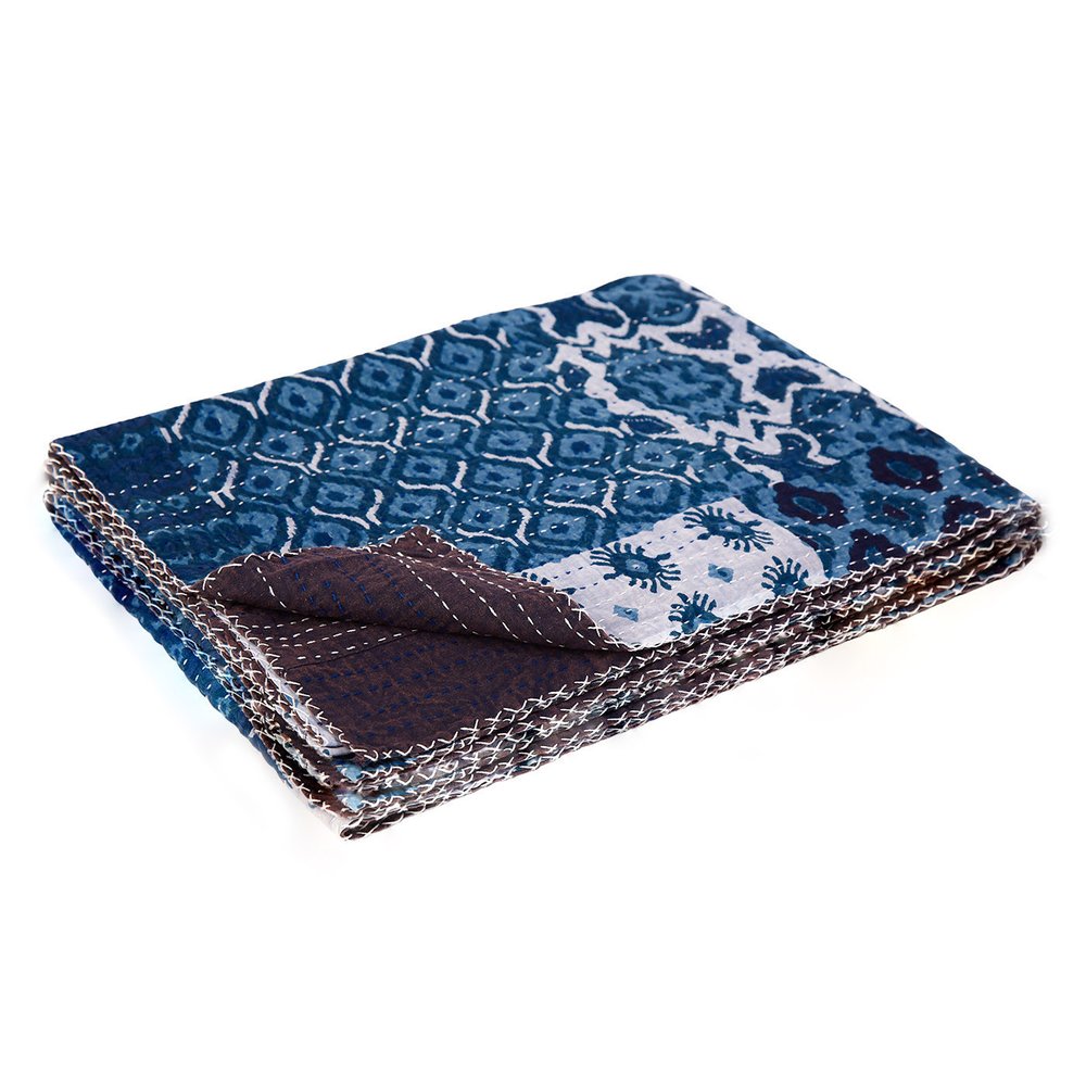 50" X 70" Blue And Pink Floral Cotton Quilted Kantha Throw Blanket with Embroidery