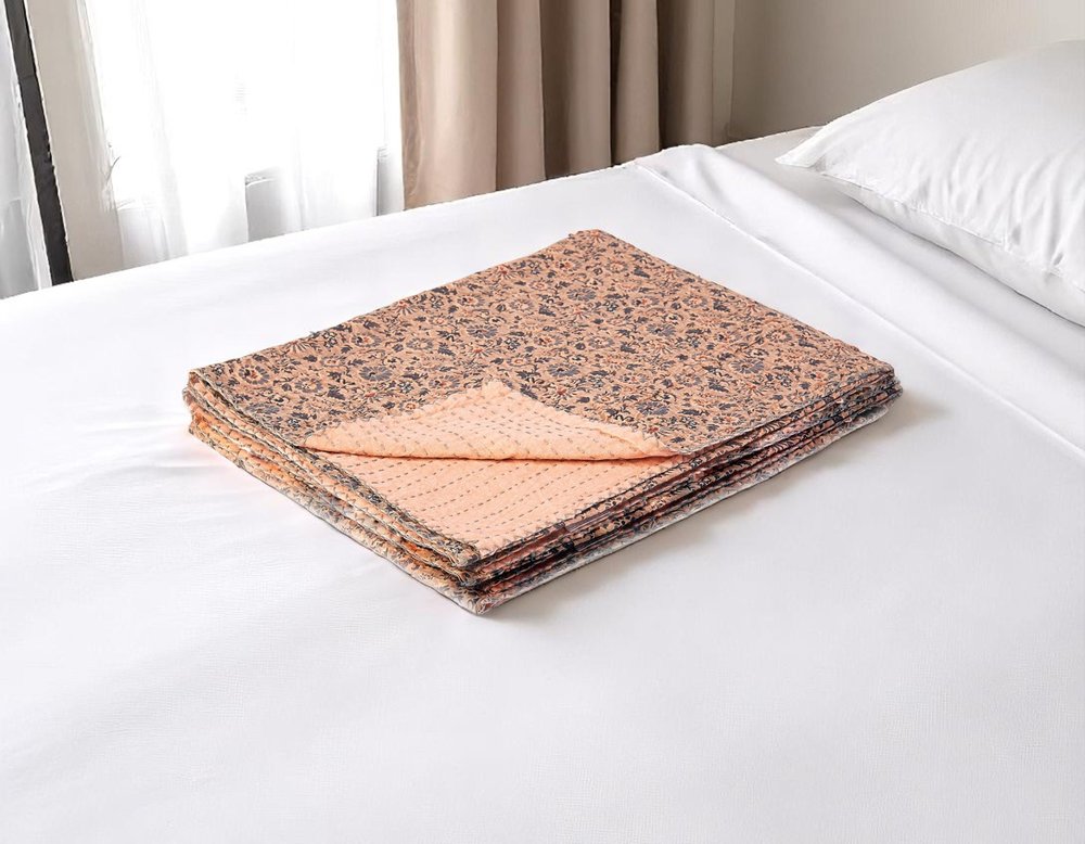 50" X 70" Peach And Gray Floral Cotton Quilted Kantha Throw Blanket with Embroidery