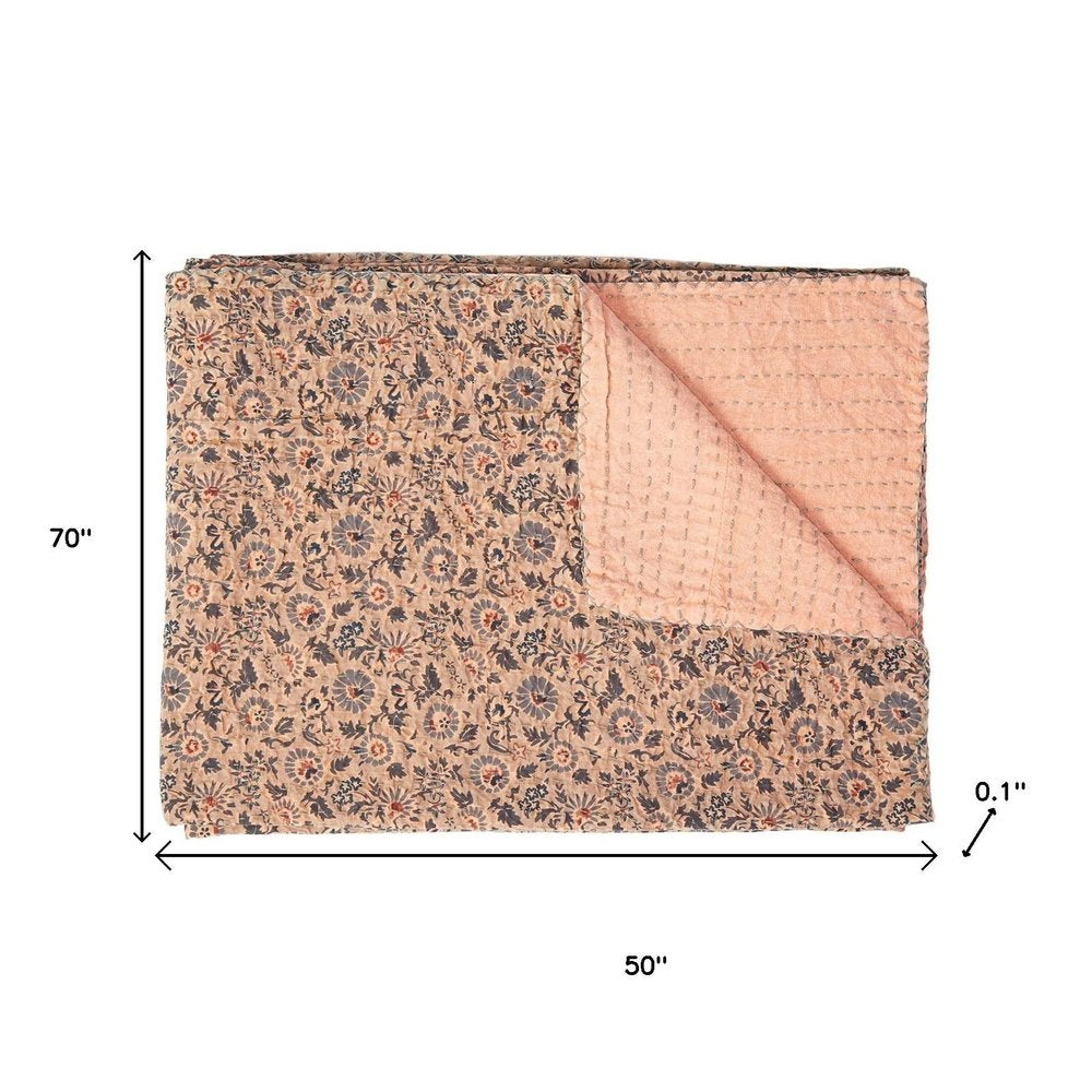 50" X 70" Peach And Gray Floral Cotton Quilted Kantha Throw Blanket with Embroidery