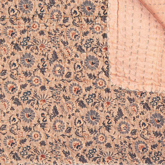 50" X 70" Peach And Gray Floral Cotton Quilted Kantha Throw Blanket with Embroidery