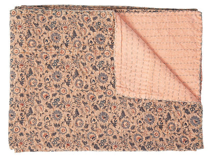50" X 70" Peach And Gray Floral Cotton Quilted Kantha Throw Blanket with Embroidery