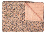 50" X 70" Peach And Gray Floral Cotton Quilted Kantha Throw Blanket with Embroidery