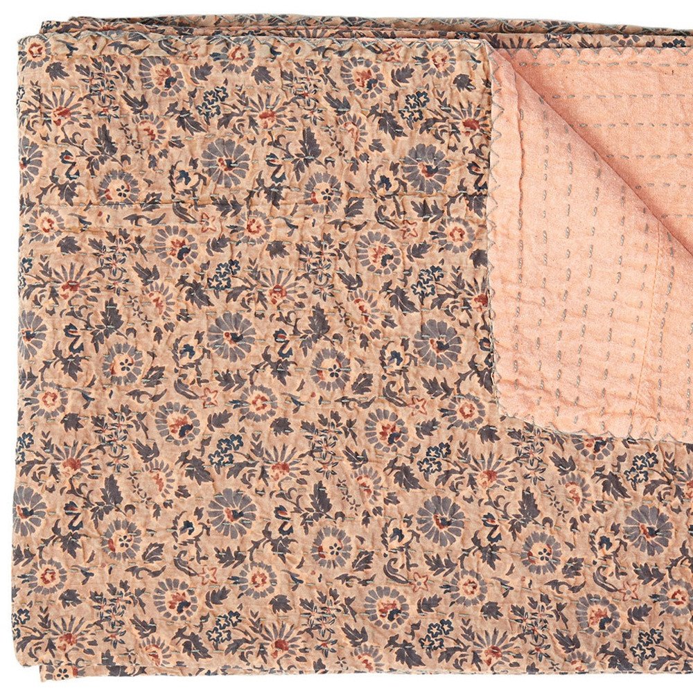50" X 70" Peach And Gray Floral Cotton Quilted Kantha Throw Blanket with Embroidery