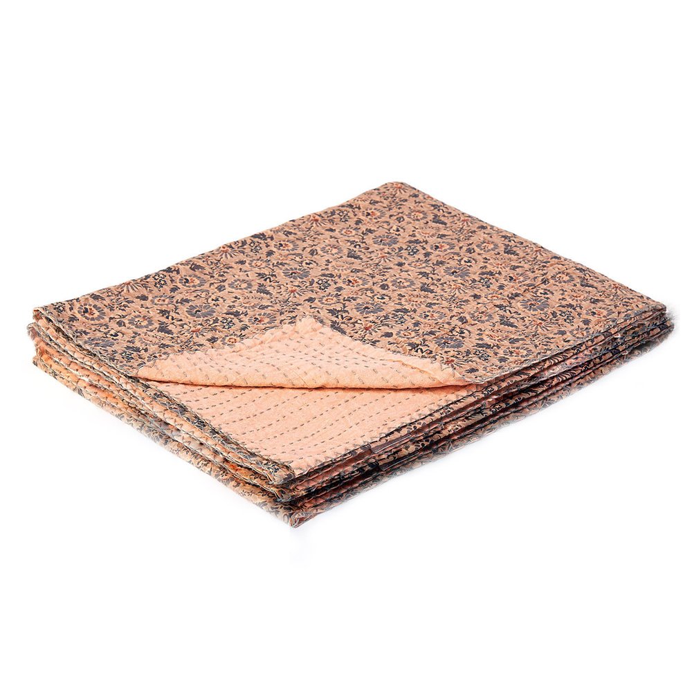 50" X 70" Peach And Gray Floral Cotton Quilted Kantha Throw Blanket with Embroidery