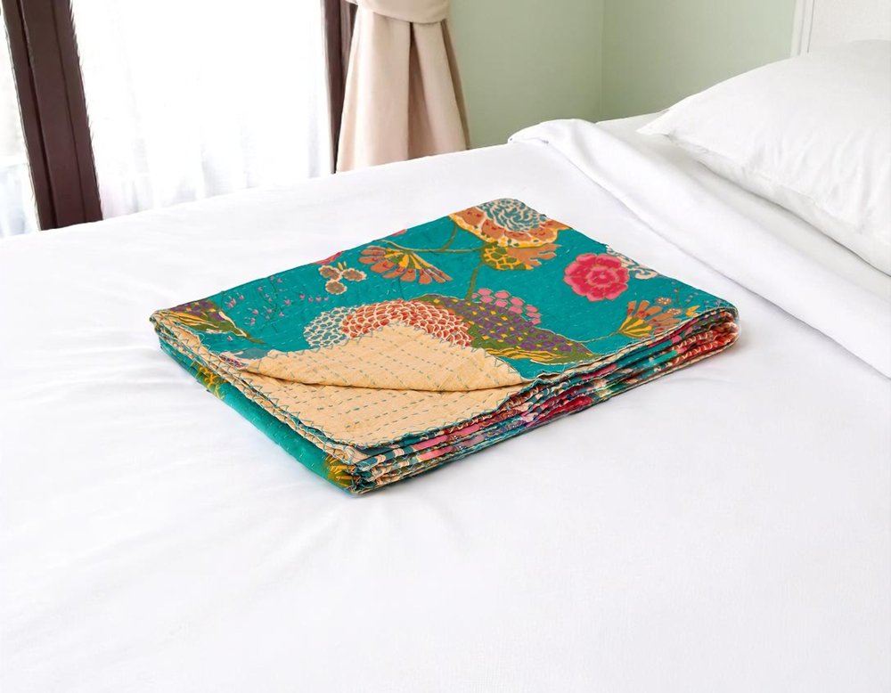 50" X 70" Peach And Gray Floral Cotton Quilted Kantha Throw Blanket with Embroidery