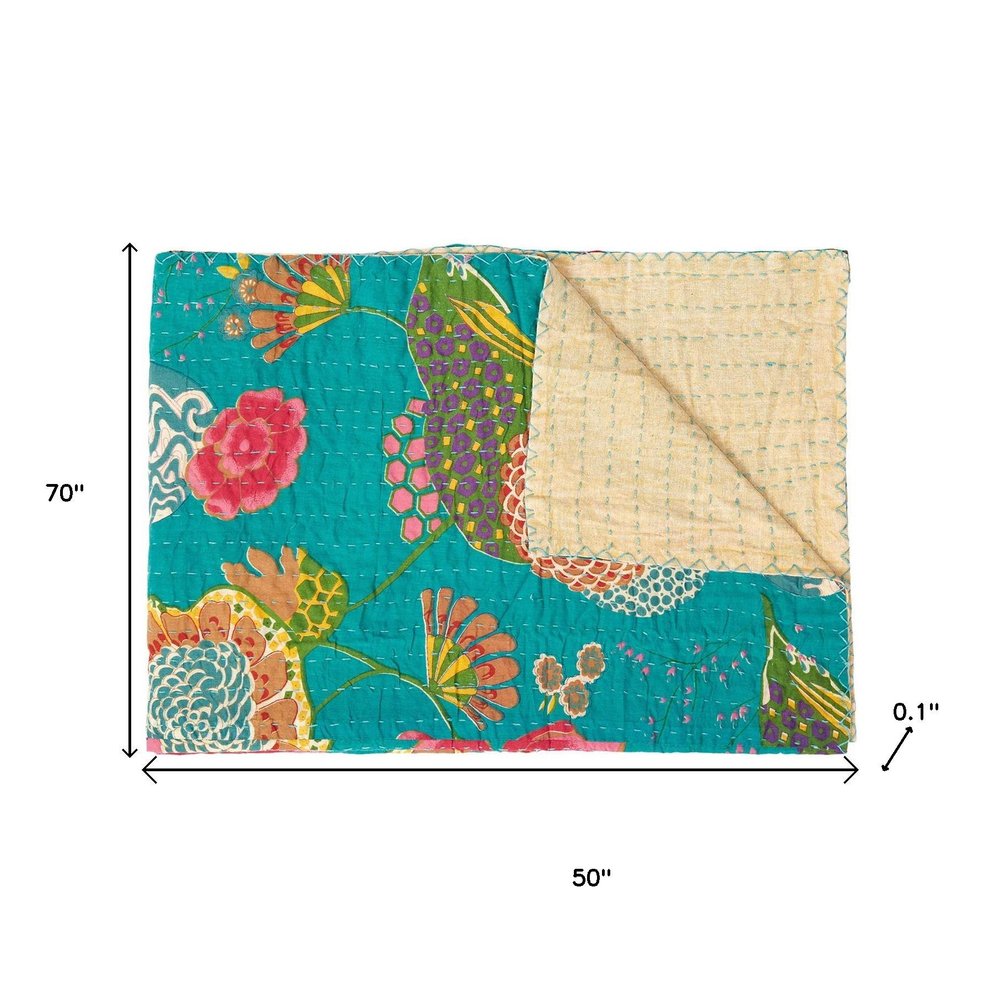 50" X 70" Teal And Pink Floral Cotton Quilted Kantha Throw Blanket with Embroidery