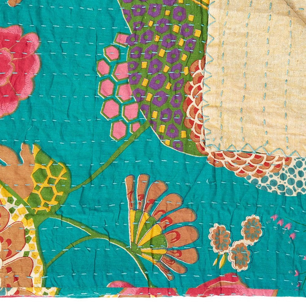 50" X 70" Peach And Gray Floral Cotton Quilted Kantha Throw Blanket with Embroidery