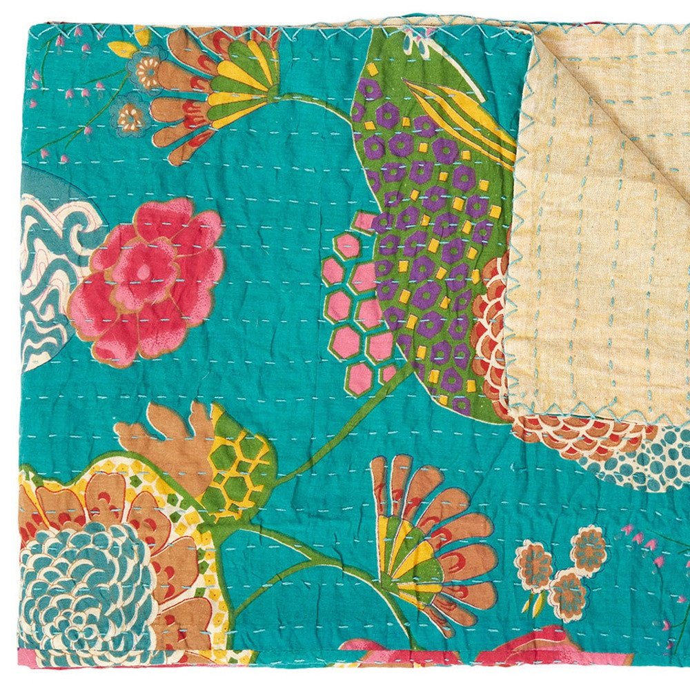 50" X 70" Peach And Gray Floral Cotton Quilted Kantha Throw Blanket with Embroidery