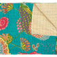 50" X 70" Teal And Pink Floral Cotton Quilted Kantha Throw Blanket with Embroidery