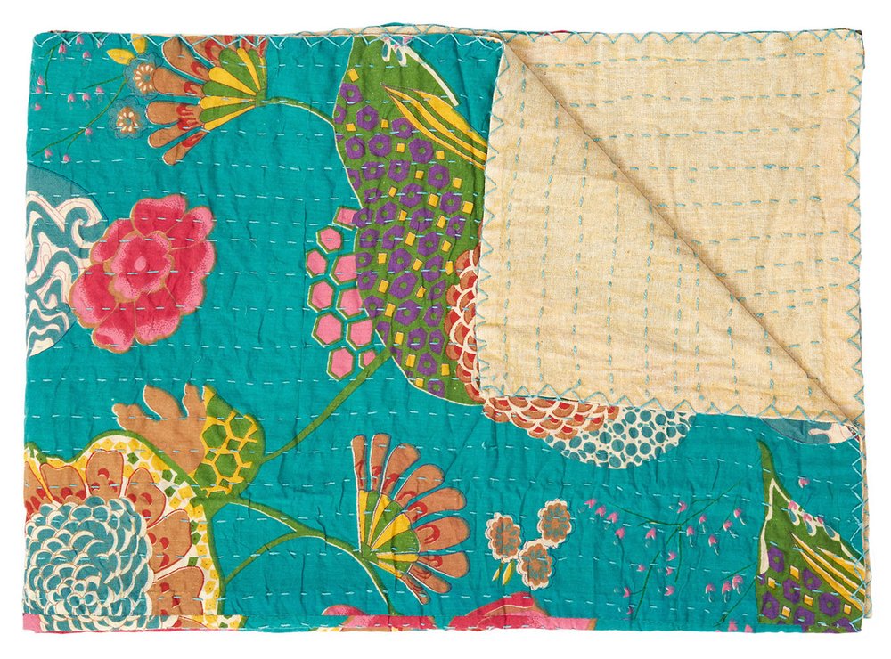 50" X 70" Peach And Gray Floral Cotton Quilted Kantha Throw Blanket with Embroidery
