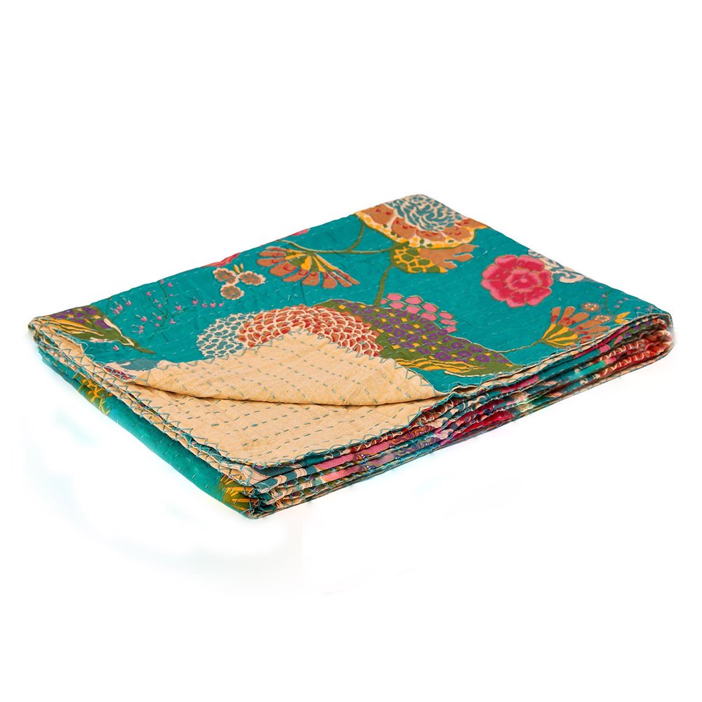 50" X 70" Peach And Gray Floral Cotton Quilted Kantha Throw Blanket with Embroidery