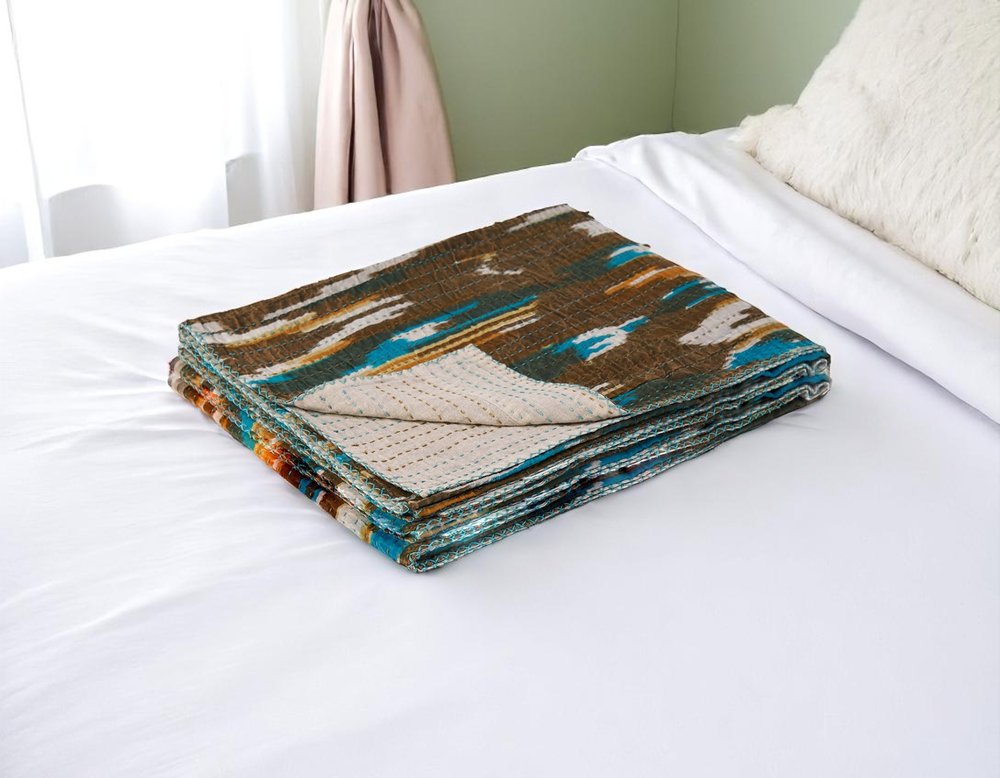 50" X 70" Brown And Blue Ikat Cotton Quilted Kantha Throw Blanket with Embroidery