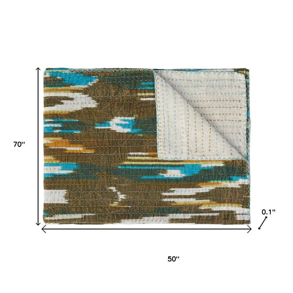 50" X 70" Brown And Blue Ikat Cotton Quilted Kantha Throw Blanket with Embroidery