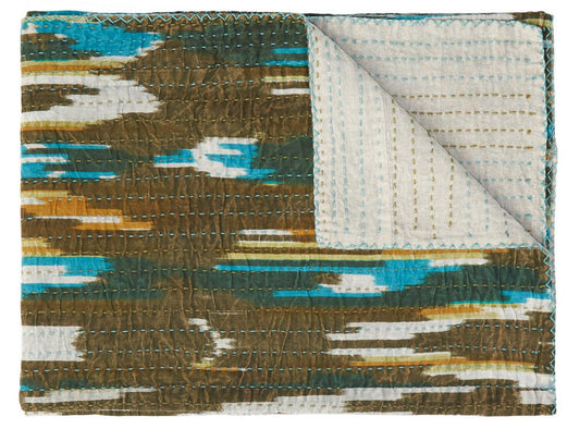 50" X 70" Brown And Blue Ikat Cotton Quilted Kantha Throw Blanket with Embroidery