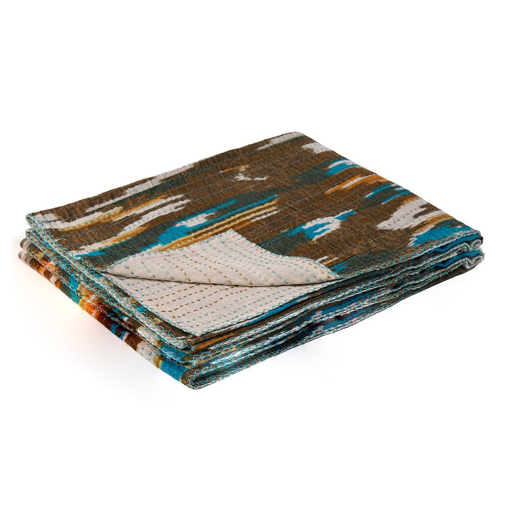 50" X 70" Brown And Blue Ikat Cotton Quilted Kantha Throw Blanket with Embroidery
