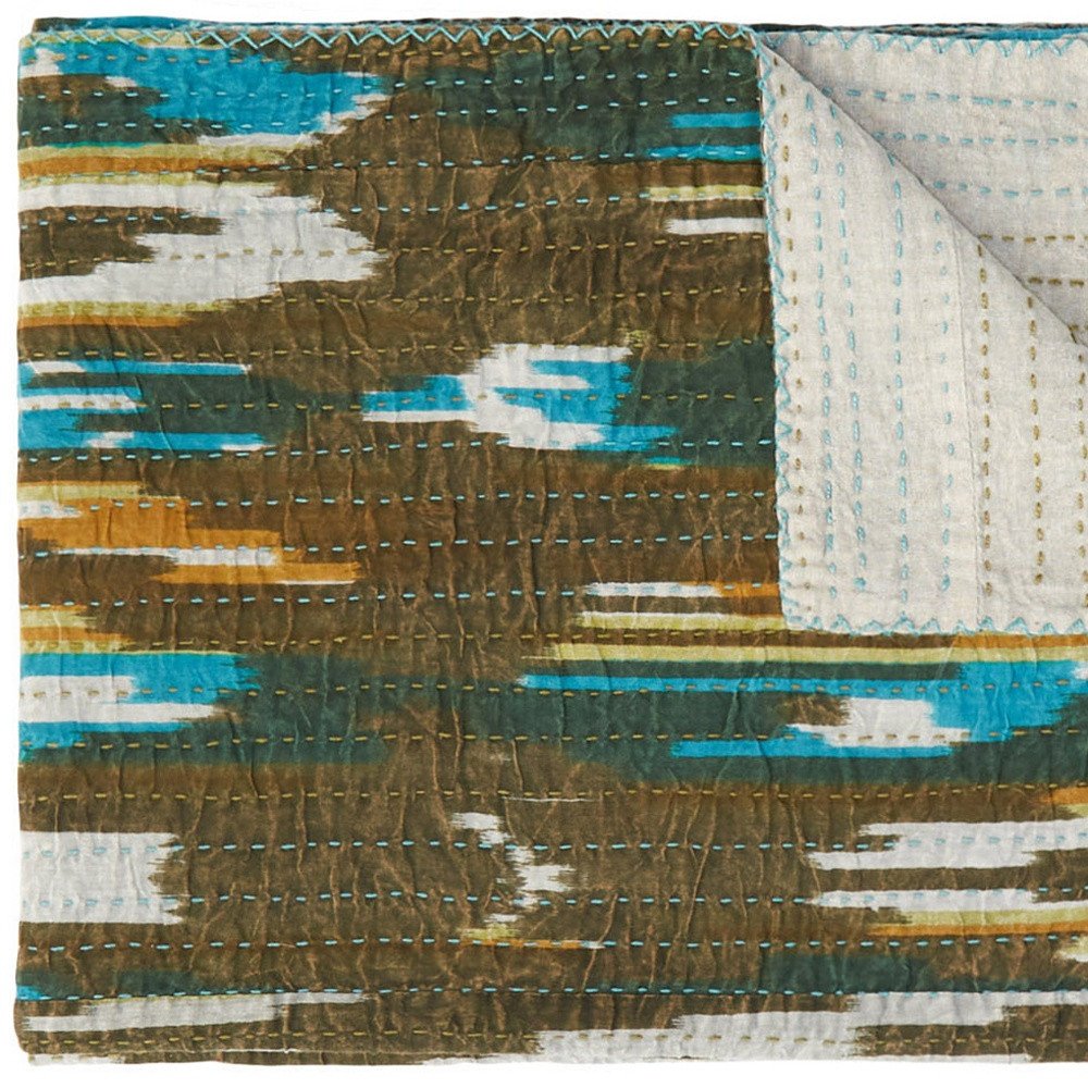 50" X 70" Brown And Blue Ikat Cotton Quilted Kantha Throw Blanket with Embroidery