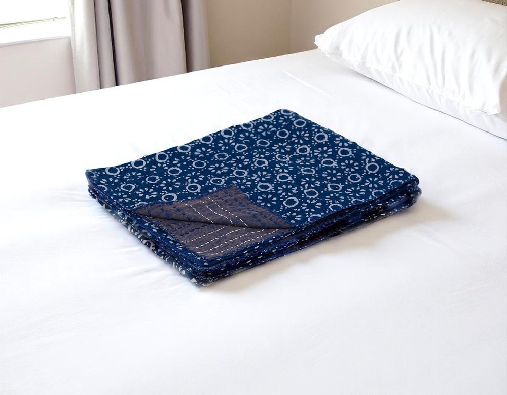 50" X 70" Blue And Off White Geometric Cotton Quilted Kantha Throw Blanket with Embroidery