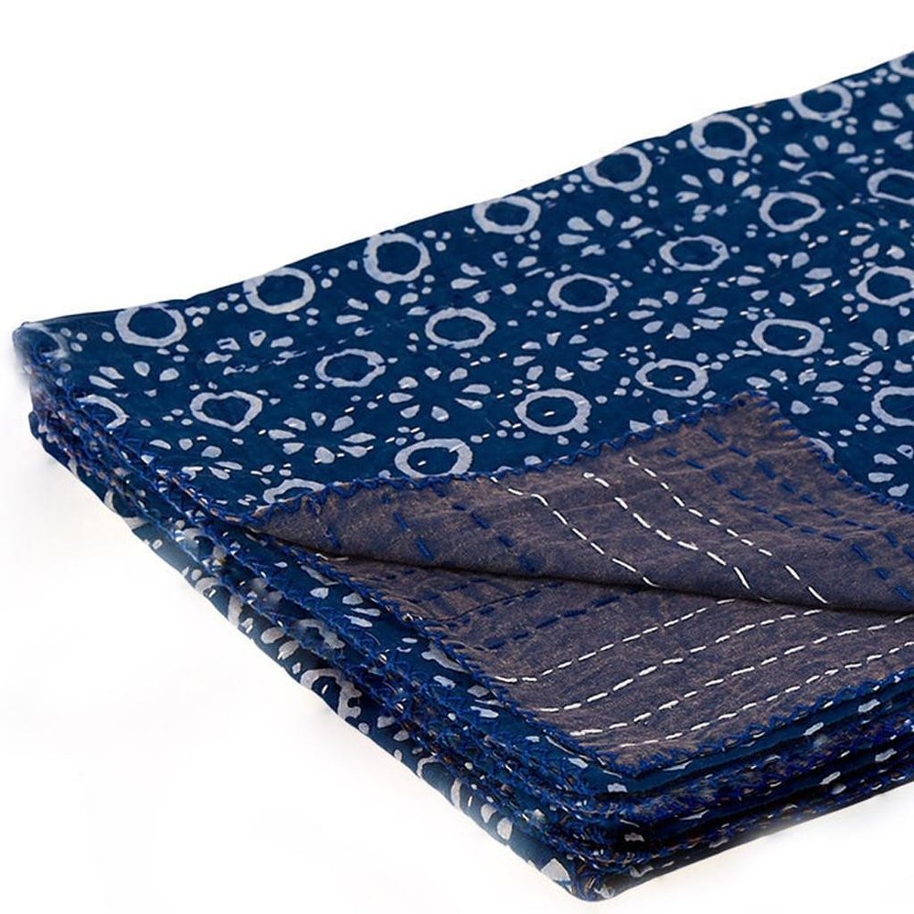 50" X 70" Blue And Off White Geometric Cotton Quilted Kantha Throw Blanket with Embroidery