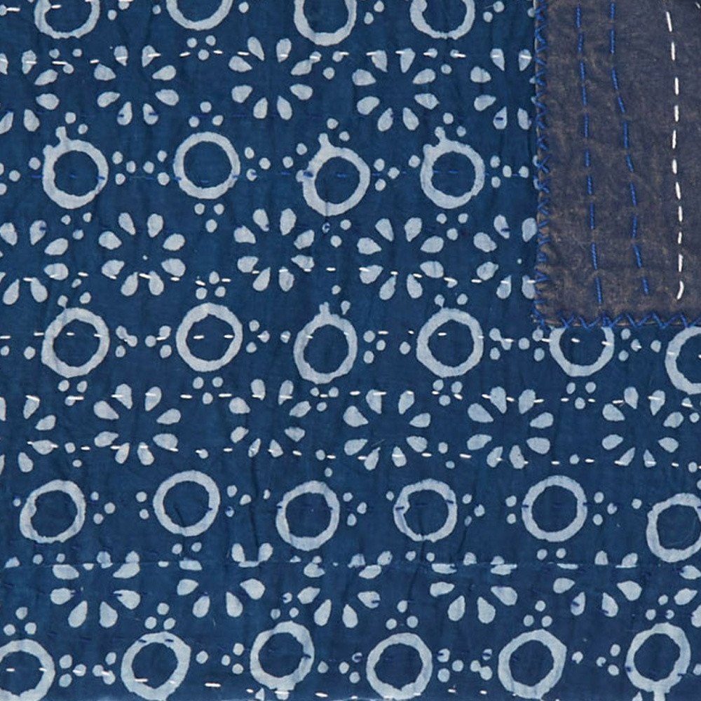 50" X 70" Blue And Off White Geometric Cotton Quilted Kantha Throw Blanket with Embroidery