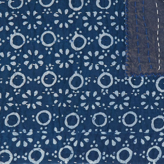 50" X 70" Blue And Off White Geometric Cotton Quilted Kantha Throw Blanket with Embroidery