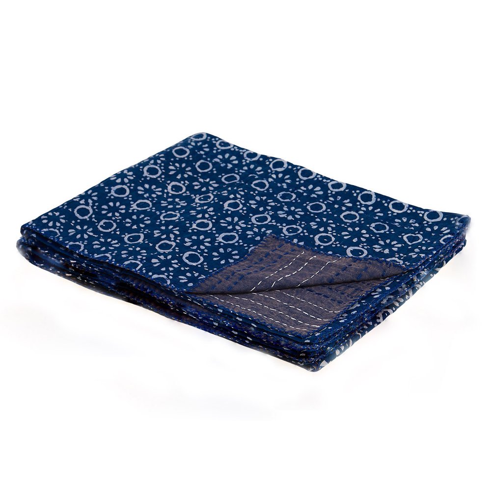 50" X 70" Blue And Off White Geometric Cotton Quilted Kantha Throw Blanket with Embroidery