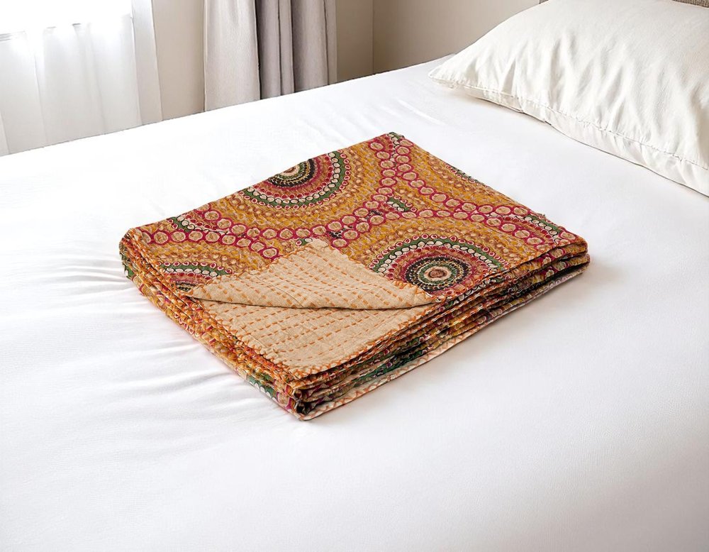 50" X 70" Brown And Beige Abstract Cotton Quilted Kantha Throw Blanket with Embroidery