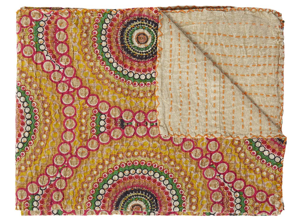 50" X 70" Brown And Beige Abstract Cotton Quilted Kantha Throw Blanket with Embroidery