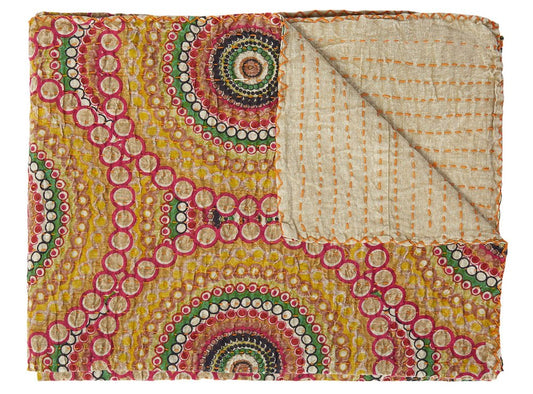 50" X 70" Brown And Beige Abstract Cotton Quilted Kantha Throw Blanket with Embroidery