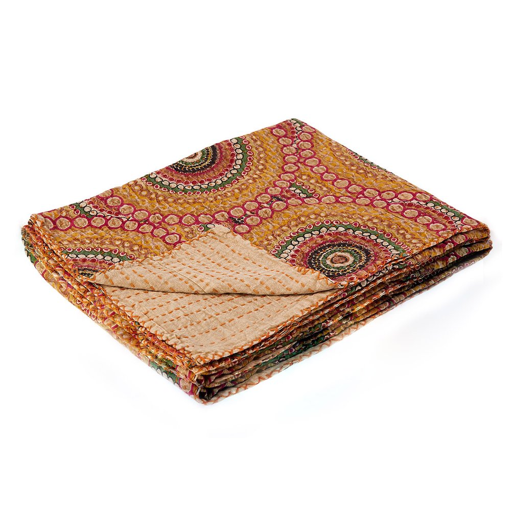 50" X 70" Brown And Beige Abstract Cotton Quilted Kantha Throw Blanket with Embroidery