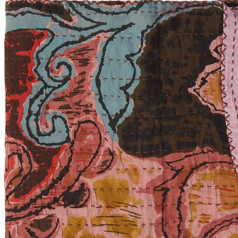 50" X 70" Brown And Pink Floral Cotton Quilted Kantha Throw Blanket with Embroidery