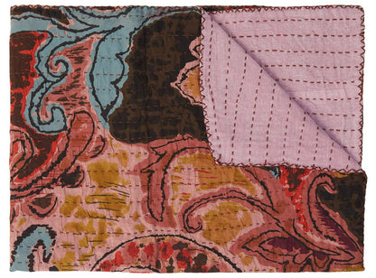50" X 70" Brown And Pink Floral Cotton Quilted Kantha Throw Blanket with Embroidery