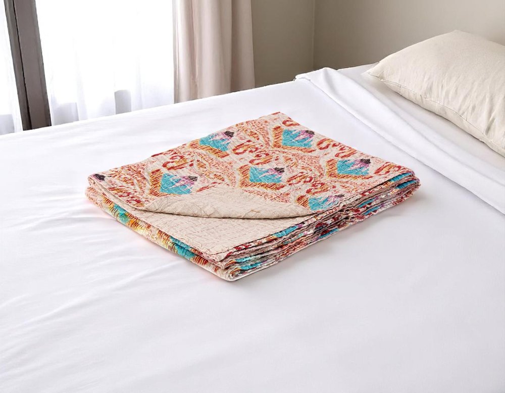 50" X 70" Brown And Pink Floral Cotton Quilted Kantha Throw Blanket with Embroidery