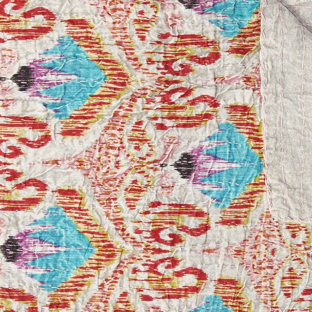 50" X 70" Brown And Pink Floral Cotton Quilted Kantha Throw Blanket with Embroidery