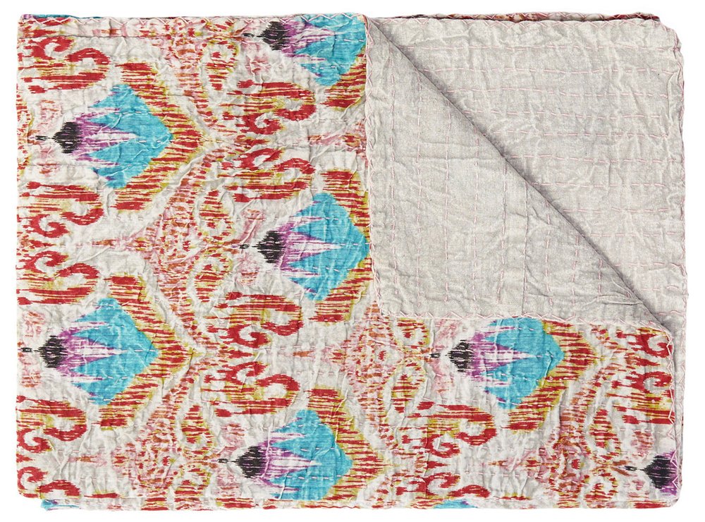 50" X 70" Brown And Pink Floral Cotton Quilted Kantha Throw Blanket with Embroidery